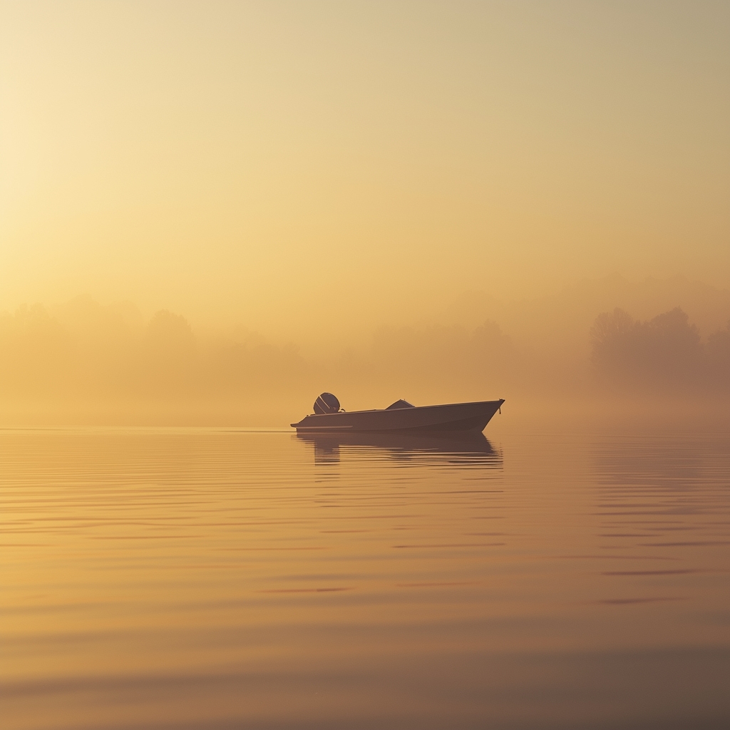 Cinematic shot of a sleek fishing boat drifting on a calm misty lake at golden hour sunrise, hyper-realistic, 8k resolution, serene atmosphere